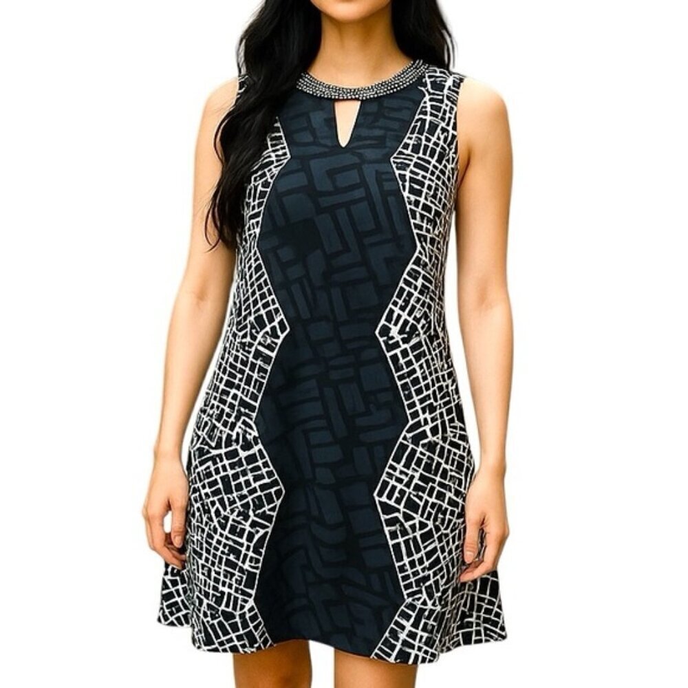 FLYO Sleeveless Dress Keyhole Geometric Chain Gem Embellished Black White Small